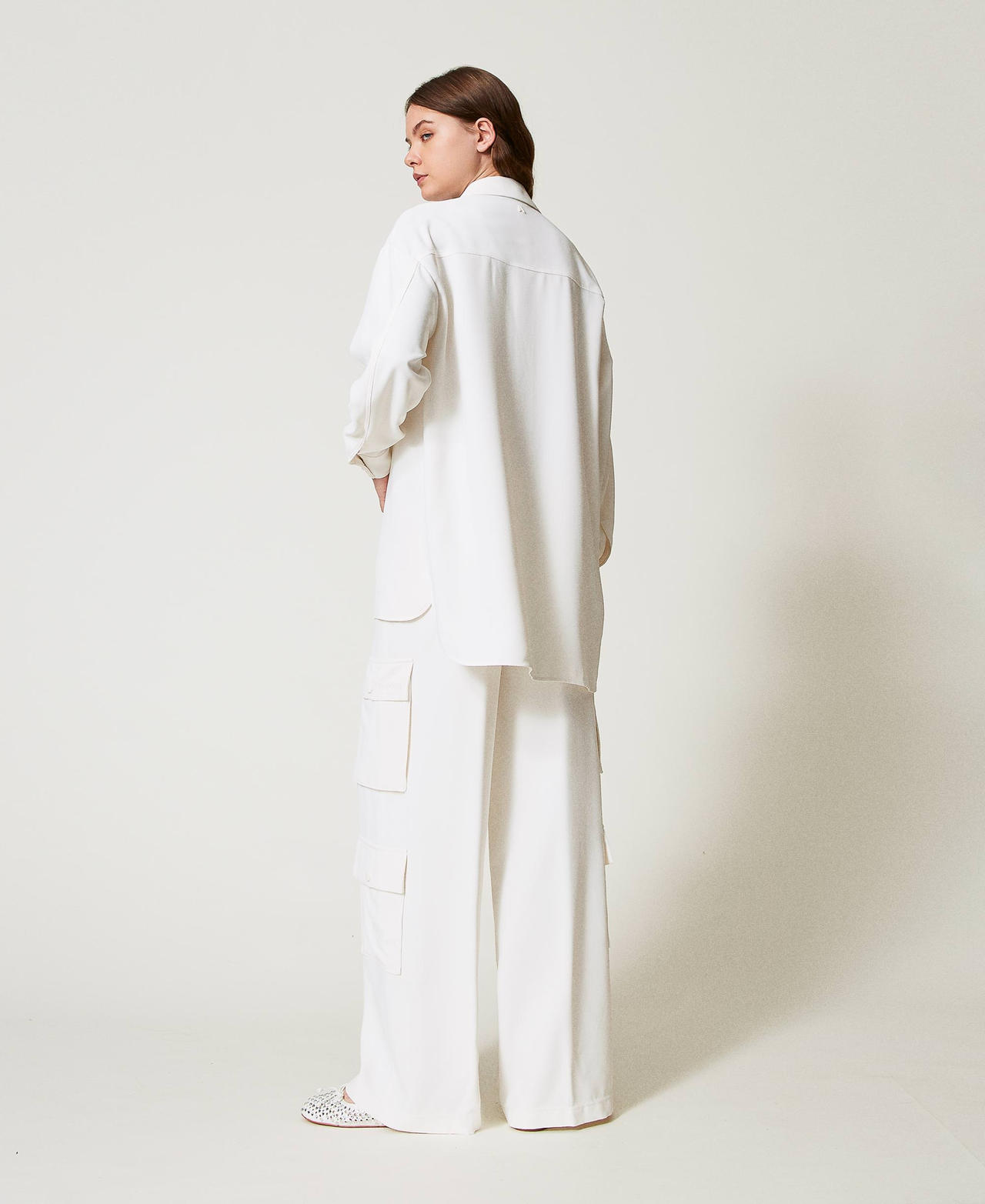 Pantalon palazzo en crêpe piqué Blanc Sugar Femme 251AP2333_00632_02