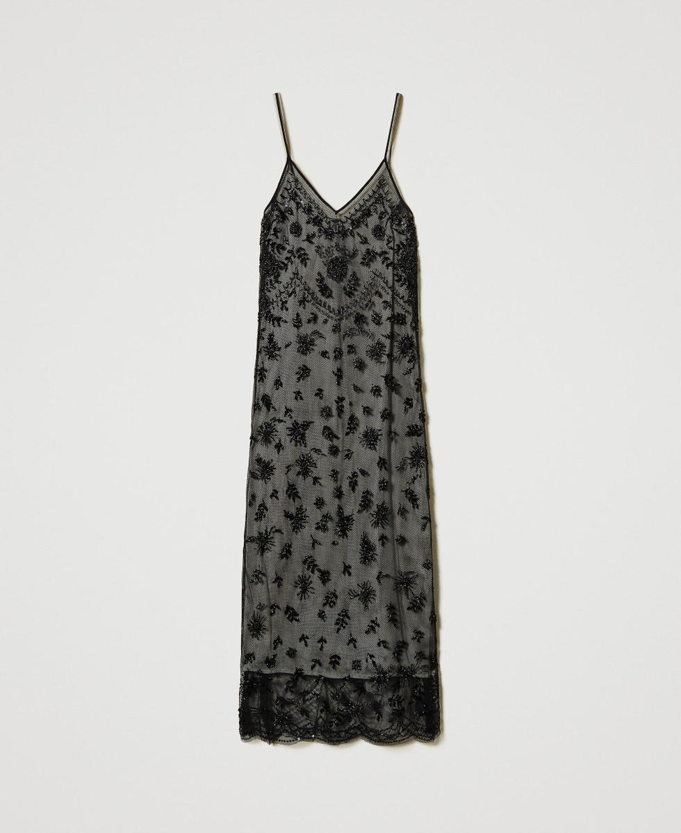 Midi tulle dress with hand embroidery Woman, Black