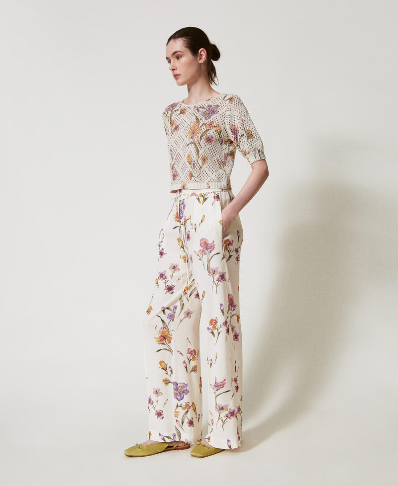 Crêpe de Chine floral trousers with elasticated waist