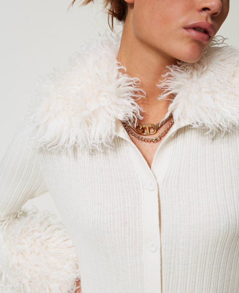 Robe-cardigan longue en laine mélangée et fausse fourrure Blanc Neige Femme 242TT3430_00282_04