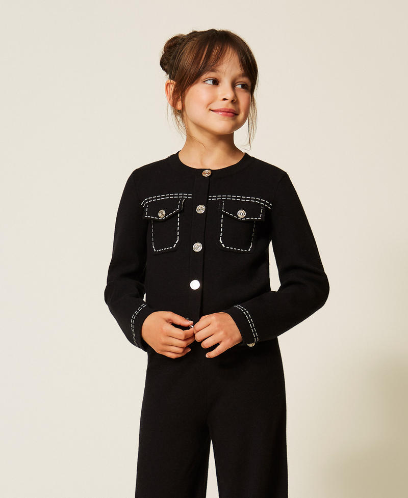 Knitted jacket with stitching Black/"Snow" White Stitching Girl 262GJ3020_13894_01