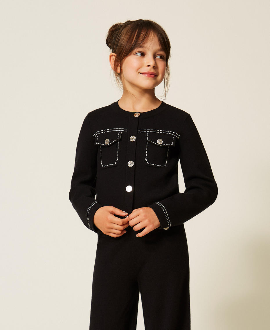Knitted jacket with stitching Black/"Snow" White Stitching Girl 262GJ3020_13894_01