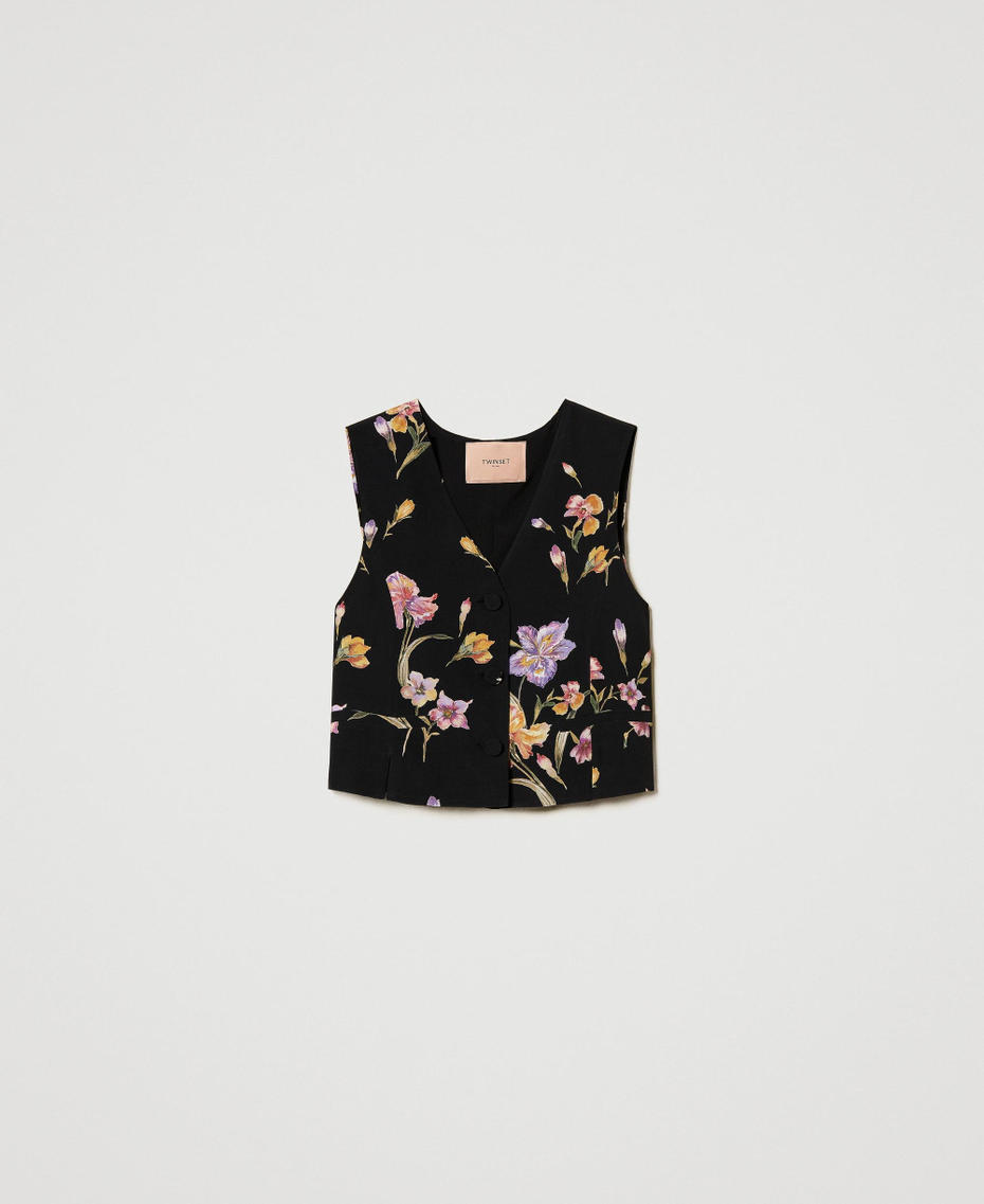 Cr&ecirc;pe de Chine floral waistcoat Multicolour/Black Iris Print Woman 251TP2777_12328_S0