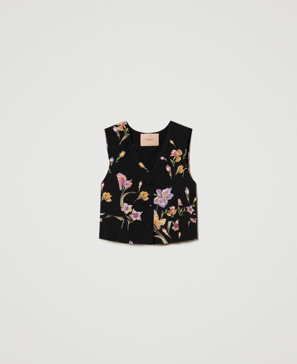 ベスト・ジレ TWINSET FLORAL PRINT GILET Crêpe de Chine floral waistcoat Woman, Black | TWINSET Milano