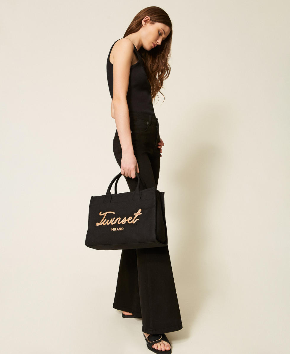 Bolso shopper de lona con logotipo Negro Mujer 261TB7291_00006_T0