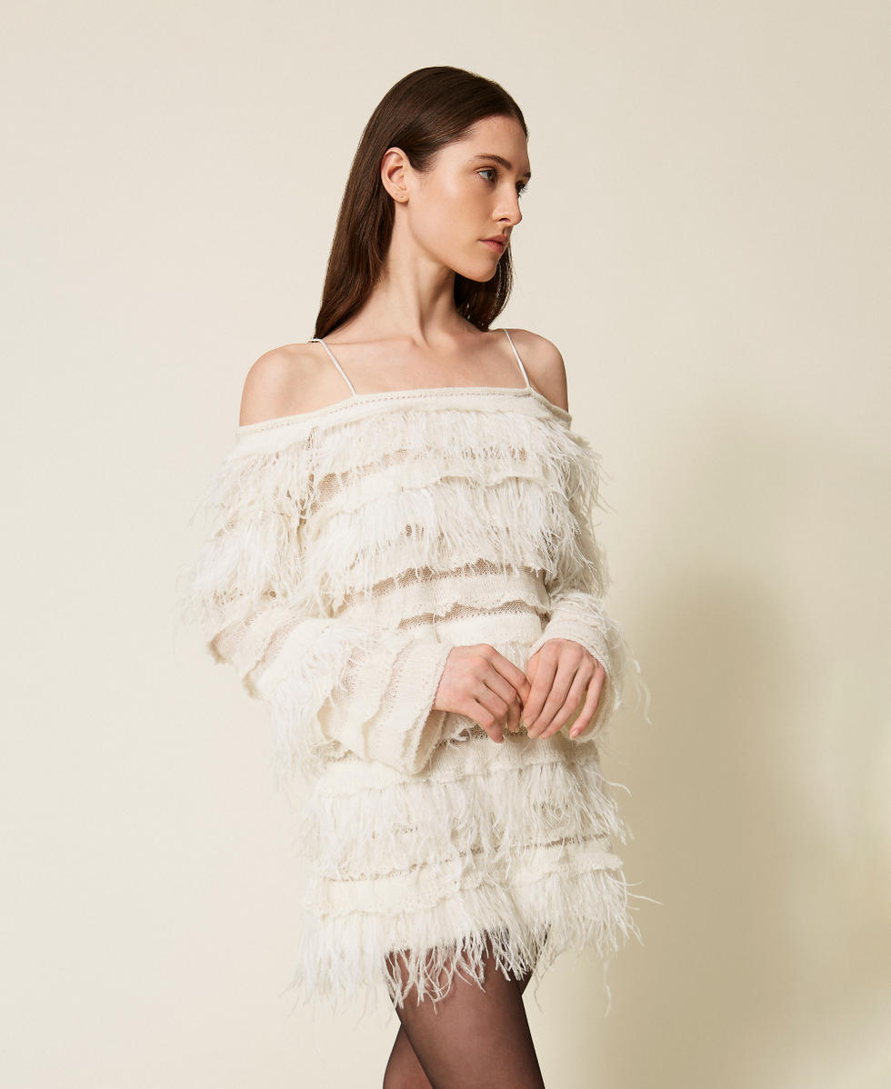 Short off shoulder knit dress with feathers White Snow Woman 252TS3243_00282_02