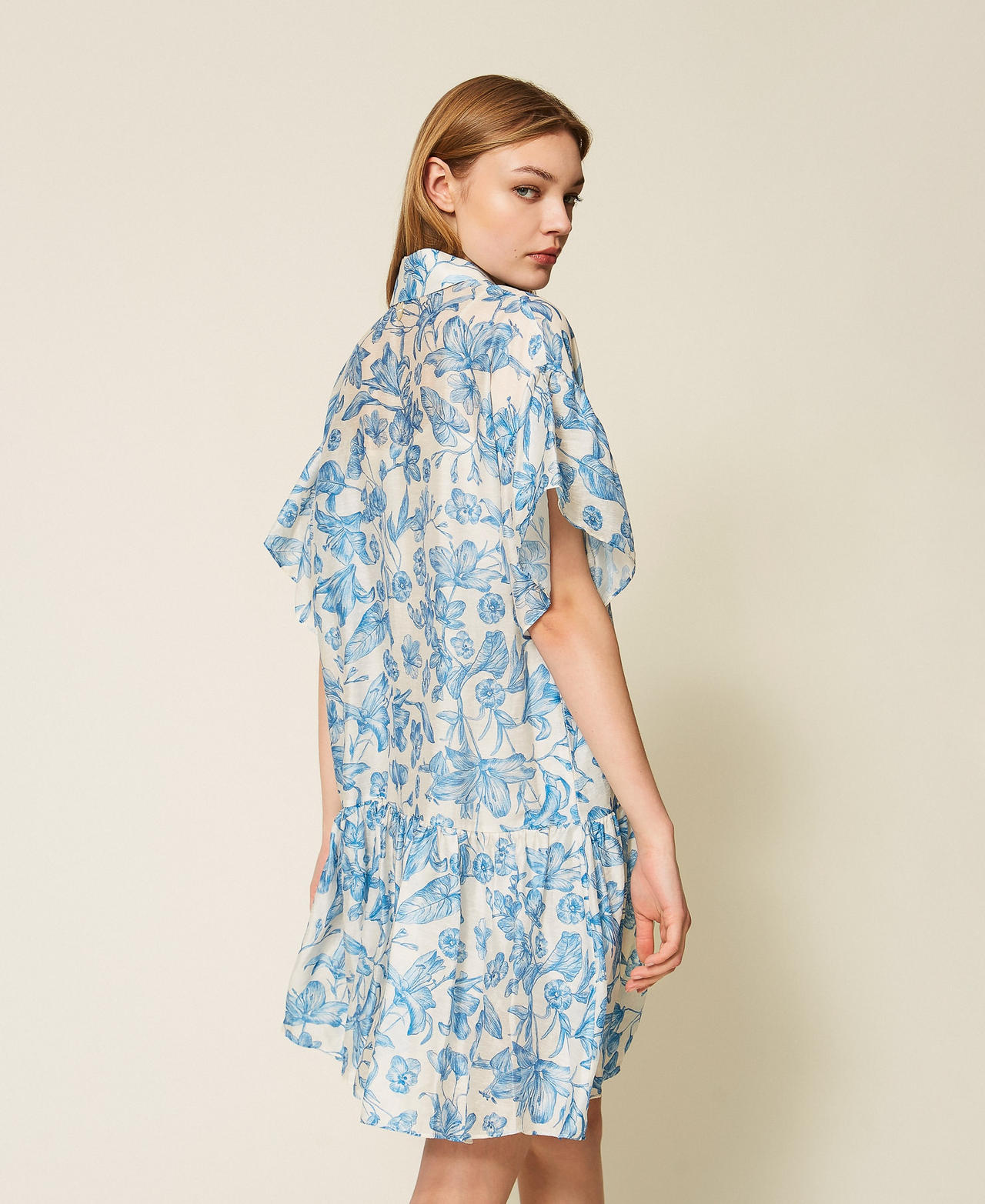 Robe courte chemisier florale Imprim&eacute; Toile de Jouy Blanc Cass&eacute;/Bleu M&eacute;diterran&eacute;e Femme 261LM2SGG_13465_03