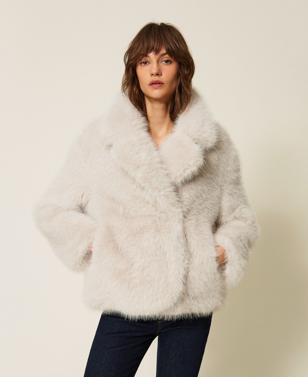 Actitude By Twinset Women's Soft Grey Short Faux Fur Coat