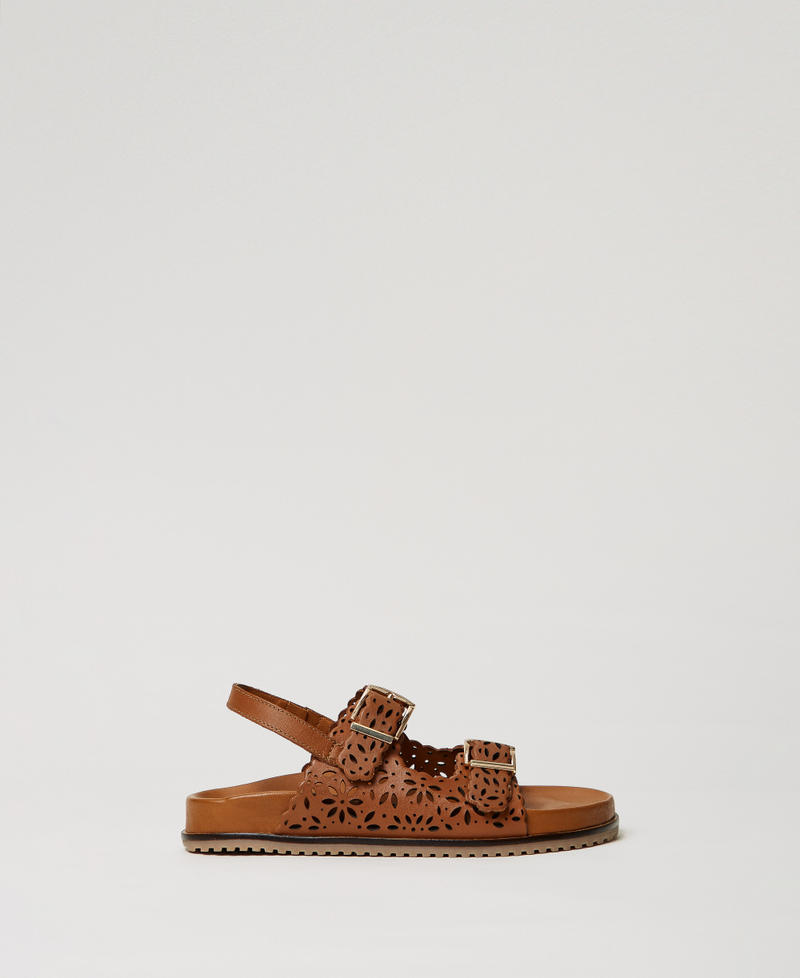 Lasered leather sandals with buckles Leather Brown Girl 251GCJ046_00057_01