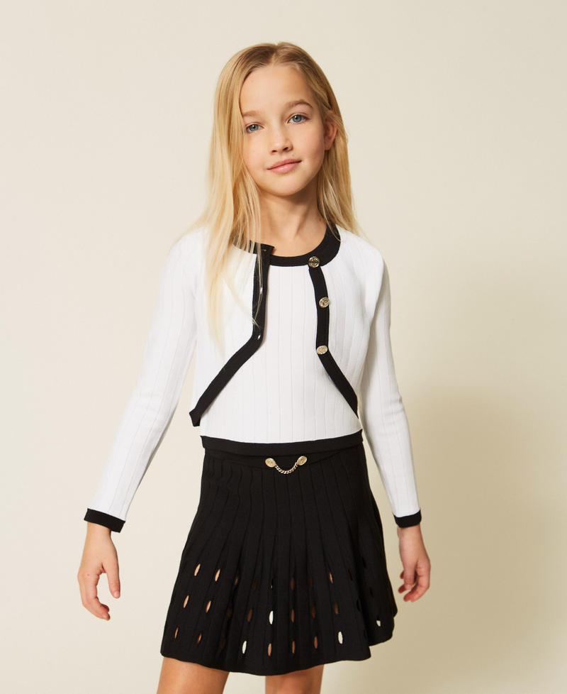 Knit cardigan and top with buttons Two tone Off White/Black Girl 261GJ3Q25_13203_01