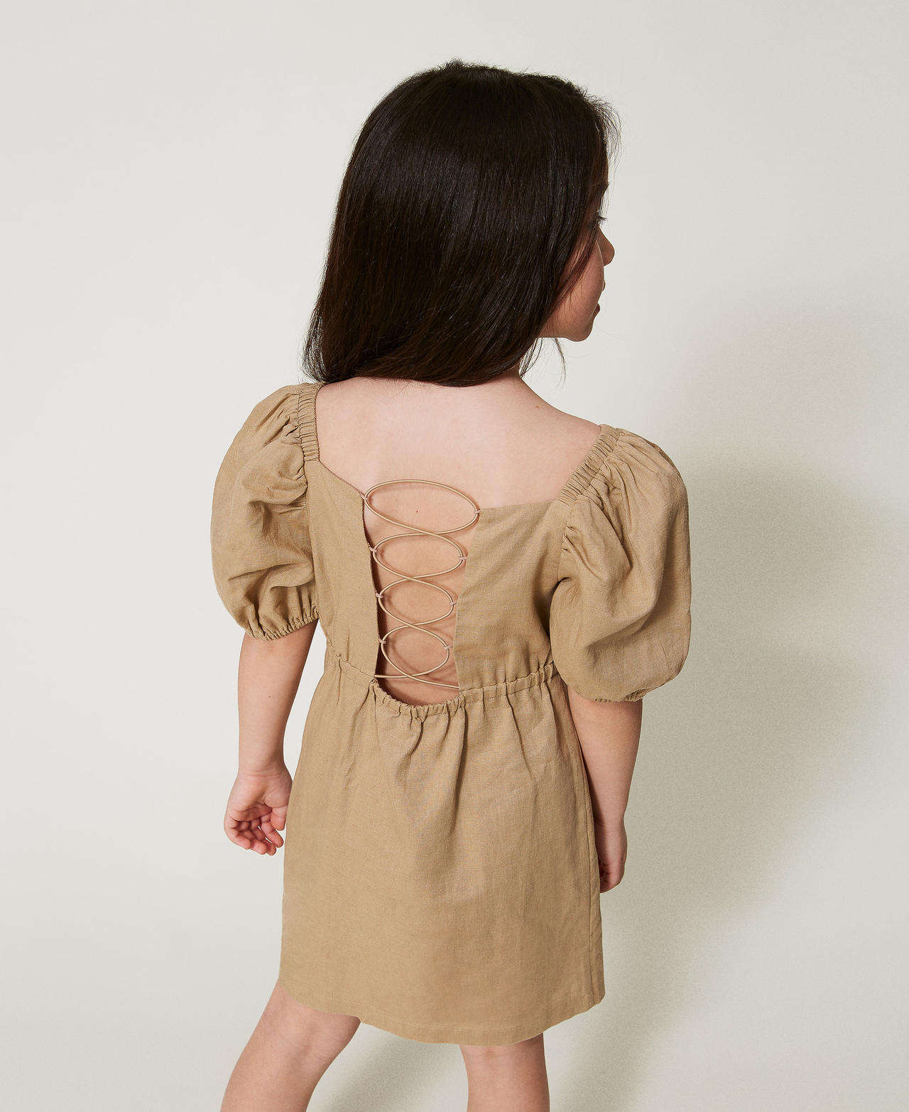 Abito corto in misto lino con pieghe Beige Canapa Bambina 251GJ2406_00310_03
