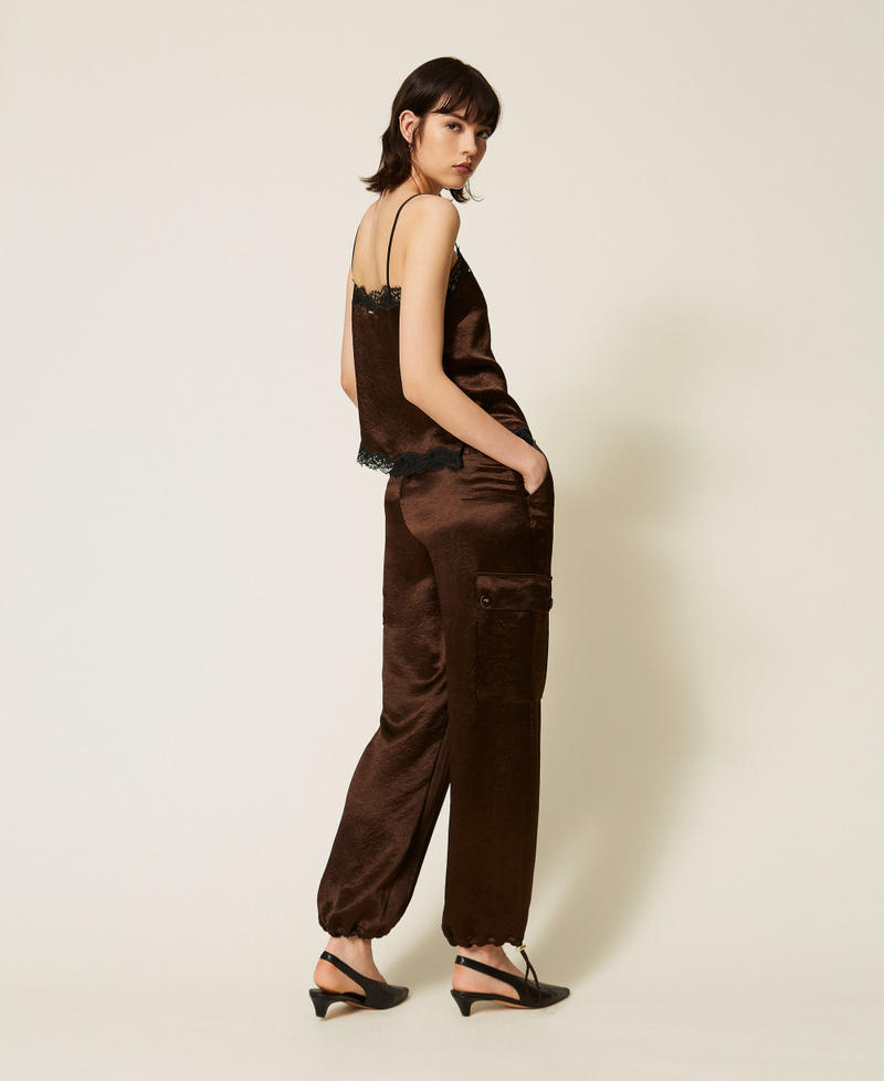 Froiss&eacute; satin cargo trousers Darkness Brown Woman 262TP2101_13411_03