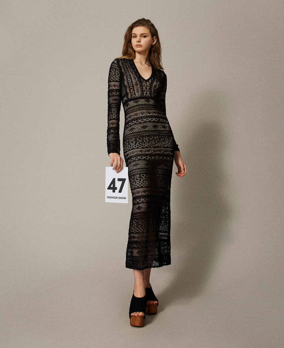 Long lace stitch knit dress Woman, Black | TWINSET Milano
