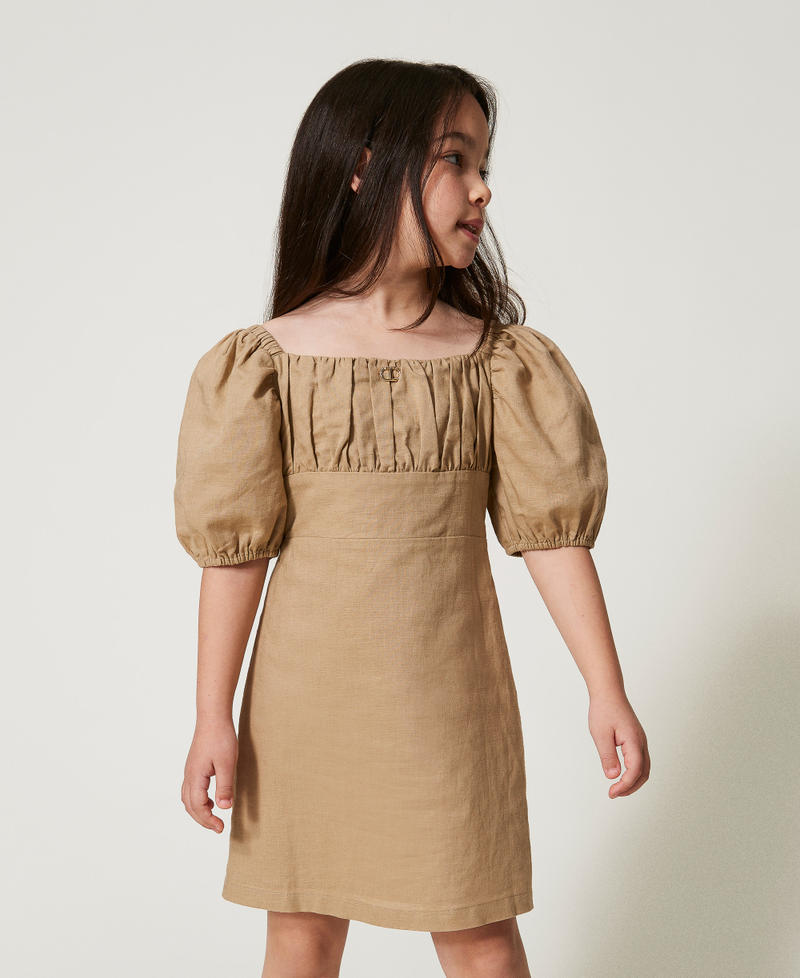 Abito corto in misto lino con pieghe Beige Canapa Bambina 251GJ2406_00310_01