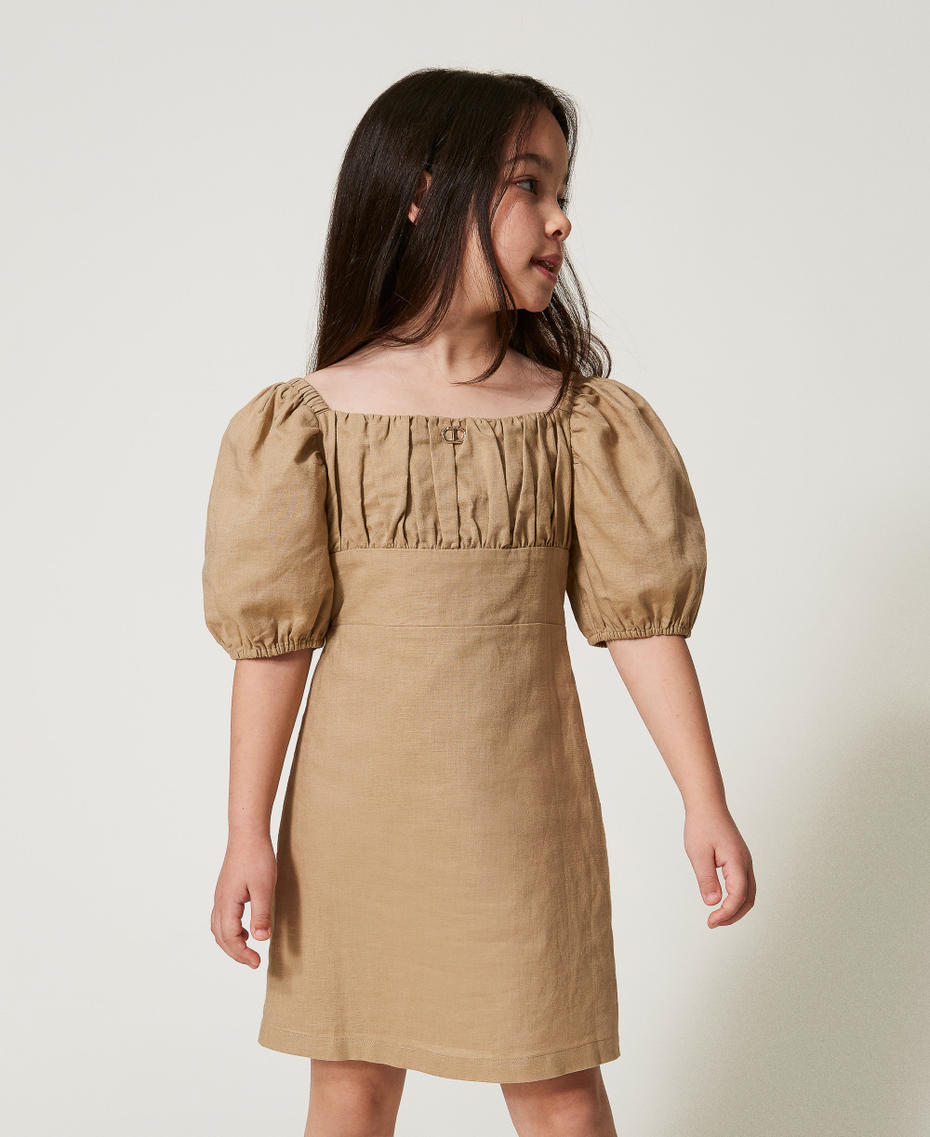Abito corto in misto lino con pieghe Beige Canapa Bambina 251GJ2406_00310_01