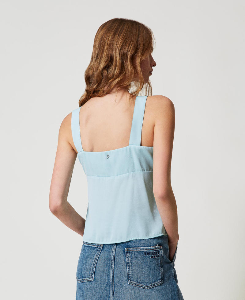 Twill top with embroidery and pleats Light Canal Blue Woman 251AP2422_12134_03
