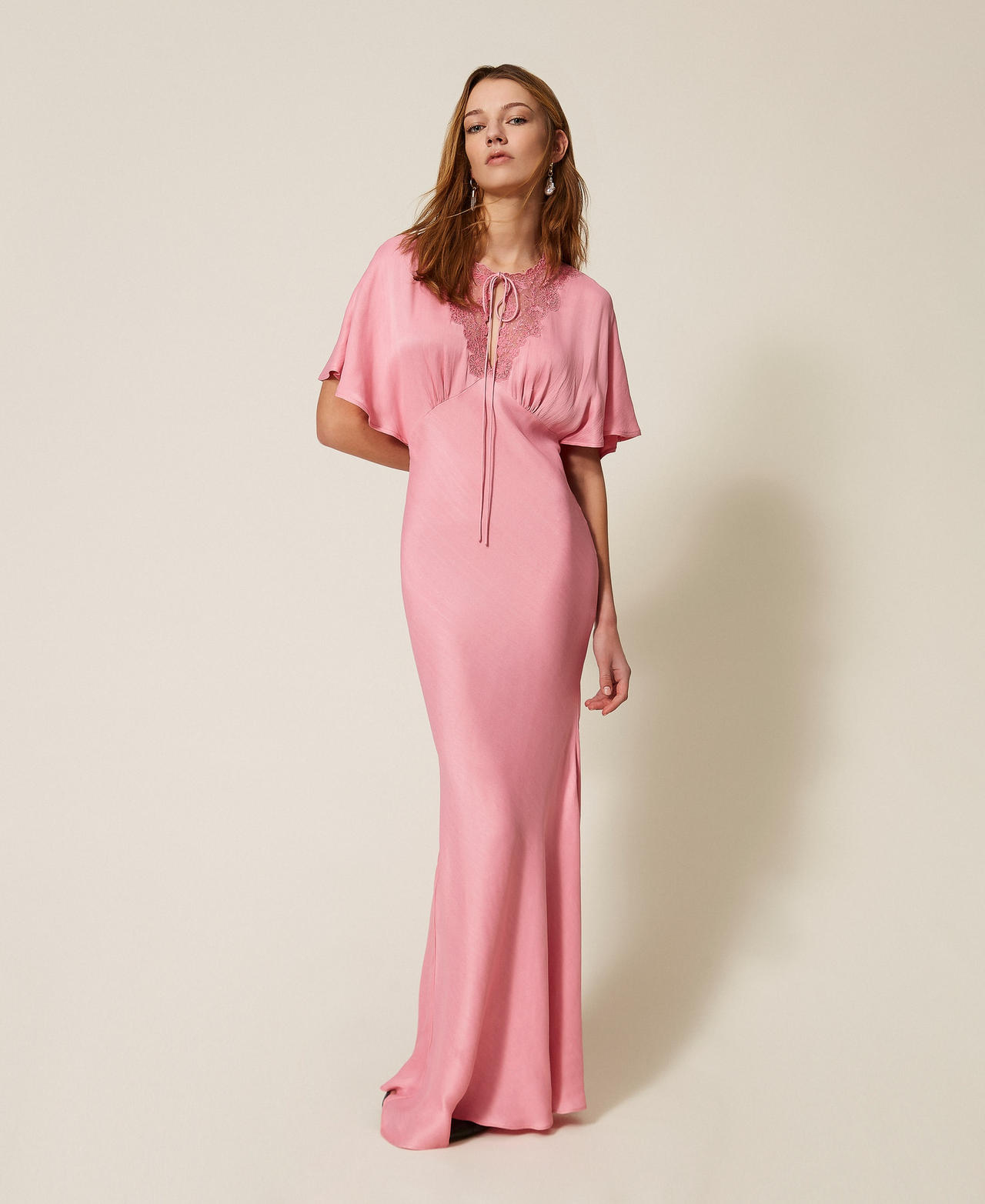 Abito lungo in envers satin con ricamo Cashmere Rose Donna 261TP212B_12631_01
