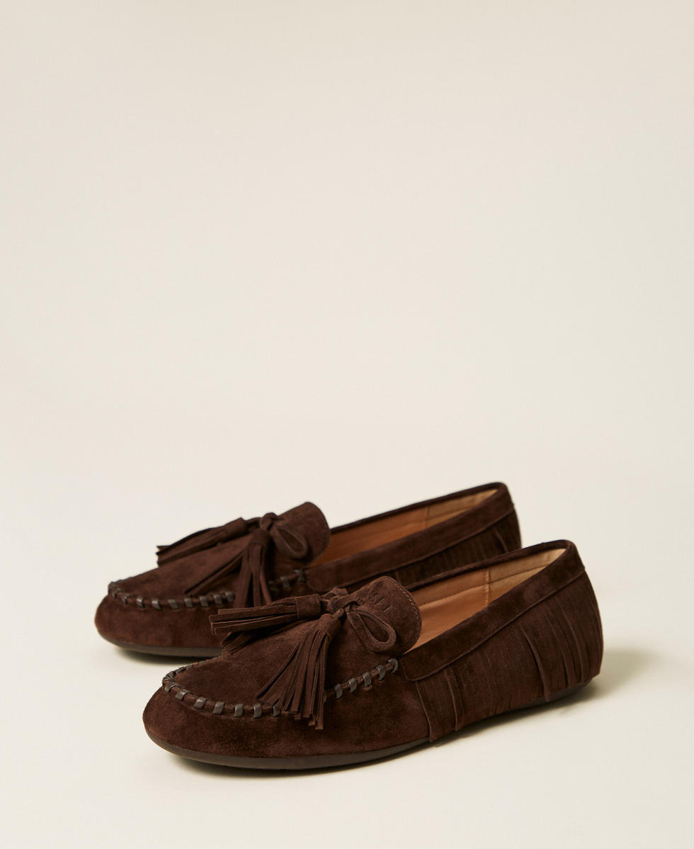 Mokassin aus Veloursleder mit Fransen Darkness Brown Frau 262TCP162_13411_02