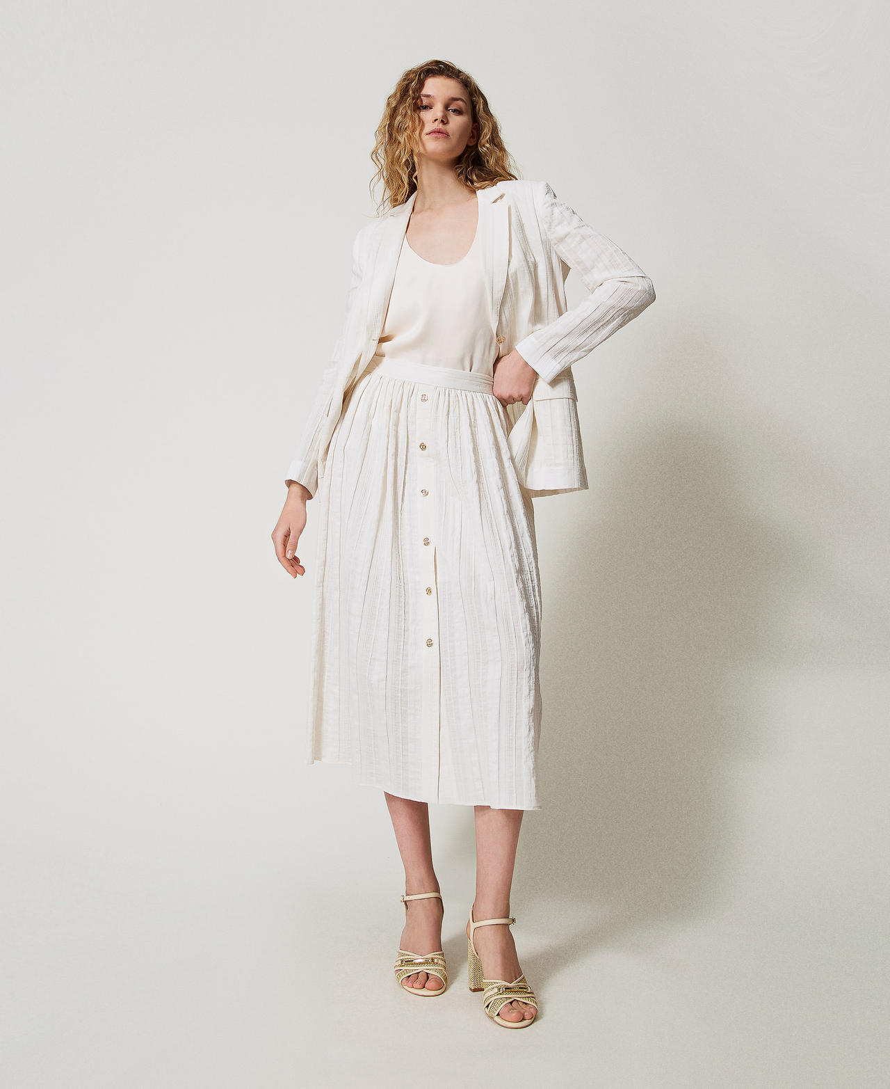 Длинная юбка из смесового льна в полоску Белый Снег женщина 251TT2143_00282_01