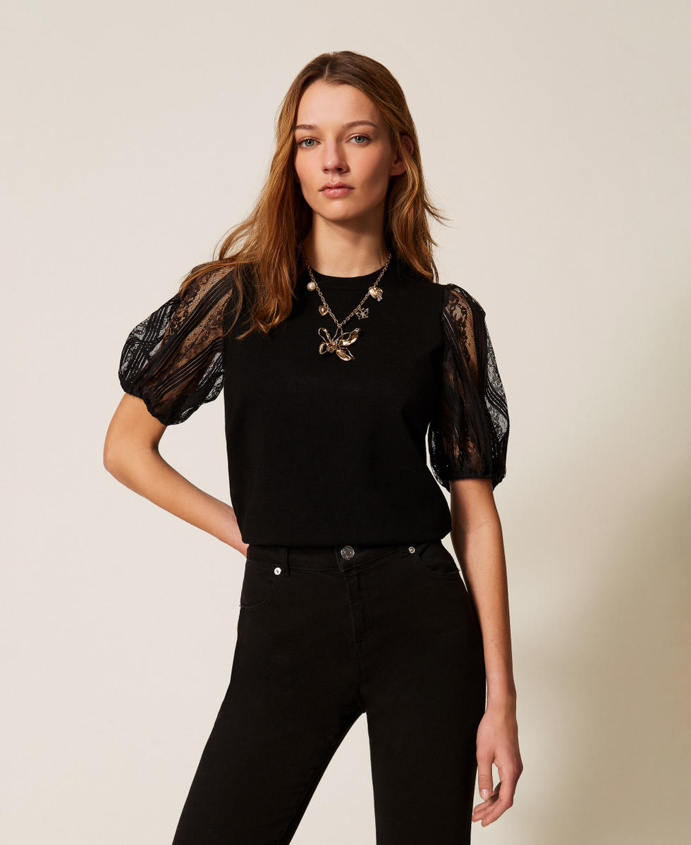 Pull avec manches courtes en dentelle Noir Femme 261TP3431_00006_01