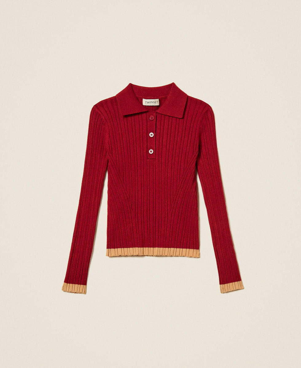 Pullover mit Polokragen in Rippoptik mit Kontrastdetails Zweifarbig Red Ruby /"Iced Coffee"-Braun M&auml;dchen 262GJ3010_13767_S0