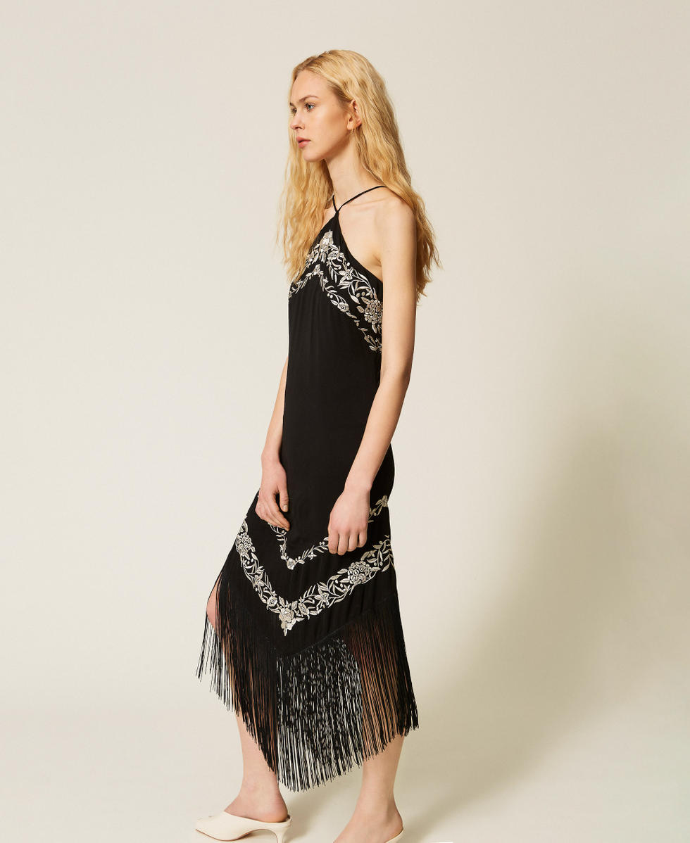Robe longue avec broderie florale Bicolore Noir / Blanc Nacre Femme 261TT2411_06571_02