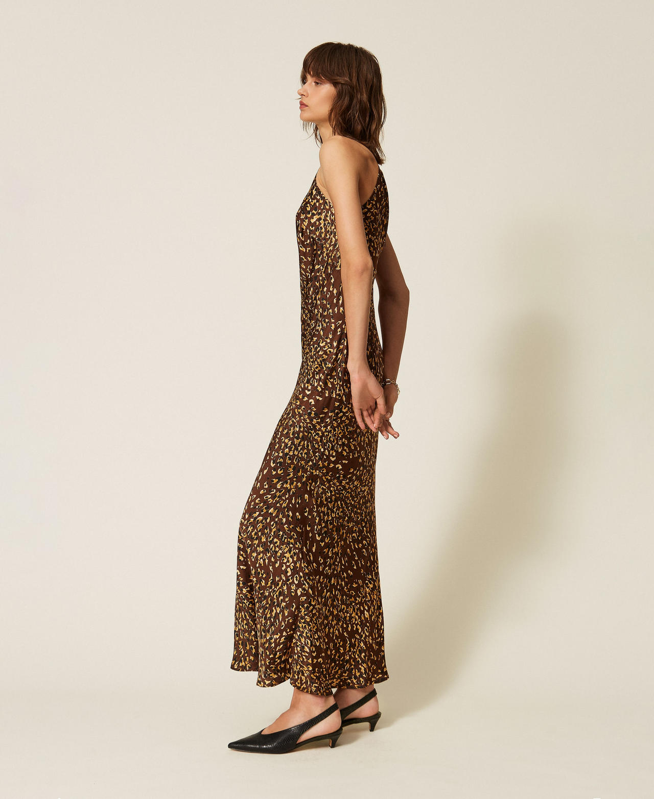 Abito lungo halter in raso animalier Stampa Animal Brown / Gold Donna 262TP275H_13873_02
