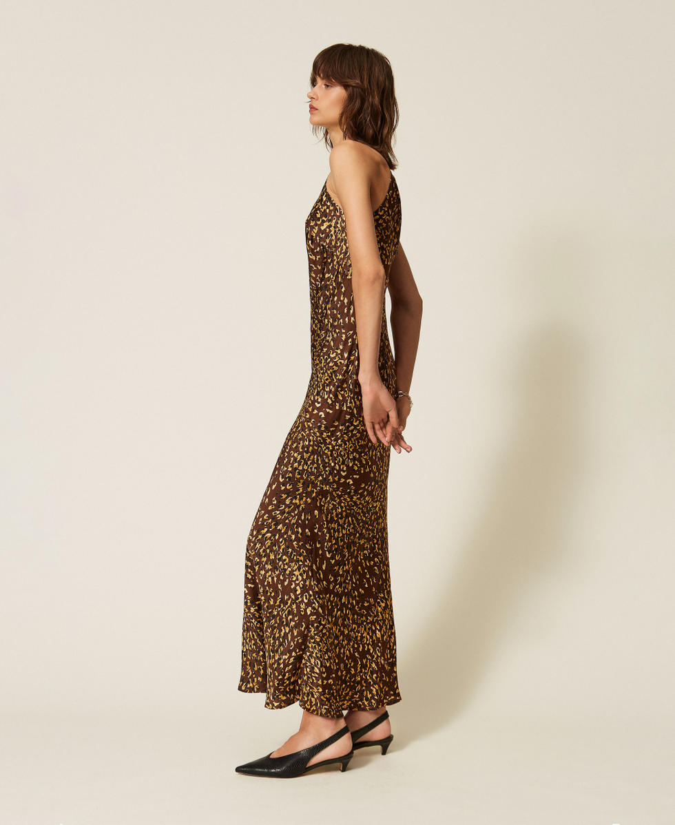 Neckholder-Maxikleid aus Satin mit Animaldessin Animal Print Brown / Gold Frau 262TP275H_13873_02