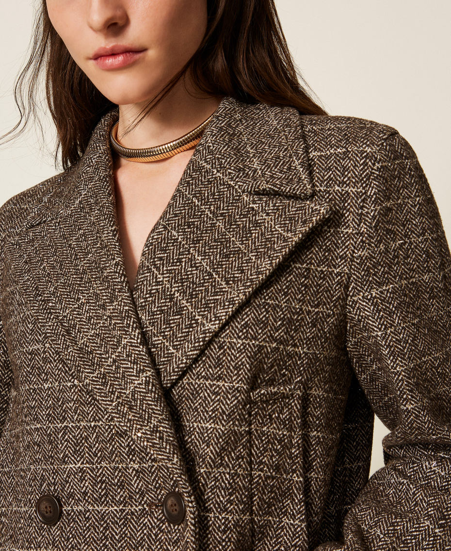 Wool blend pea coat with lurex Brown/Gold Herringbone Woman 252TT2031_12893_05