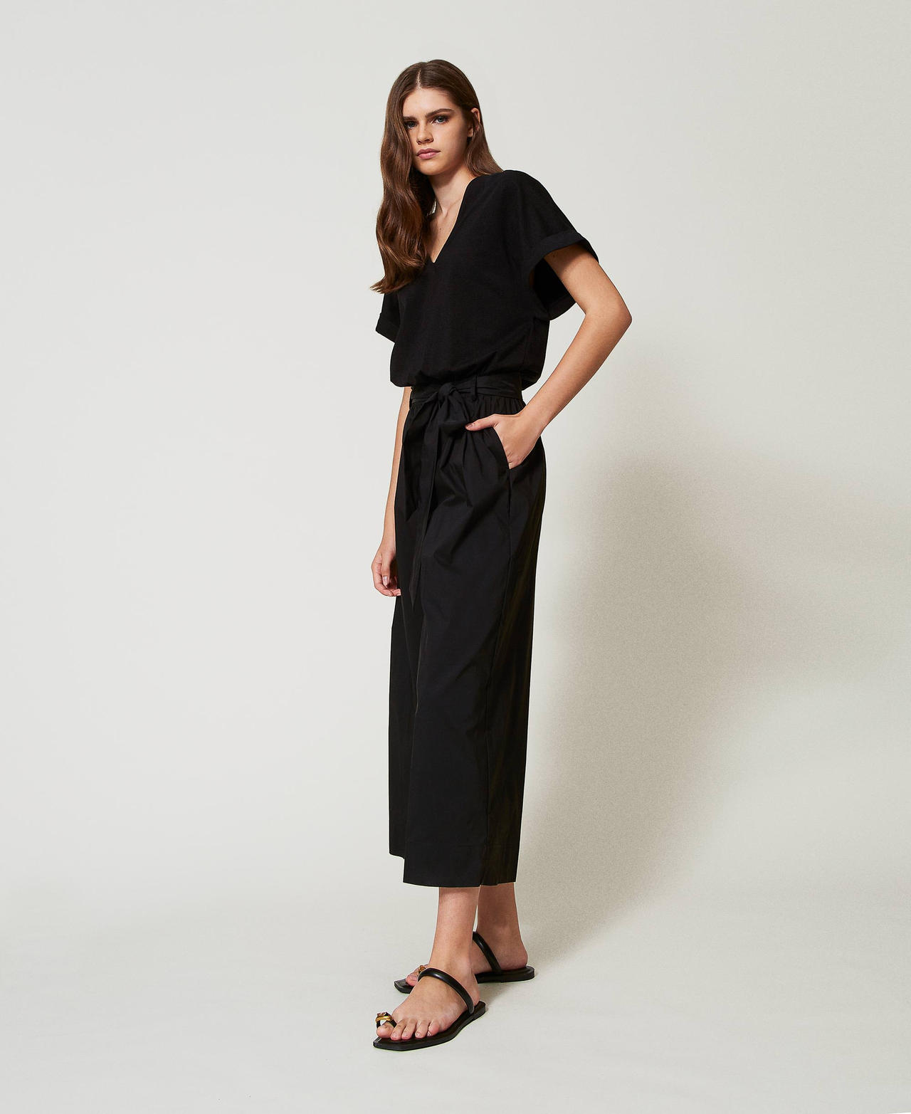 Poplin jumpsuit with belt Black Woman 251LB2JBB_00006_02