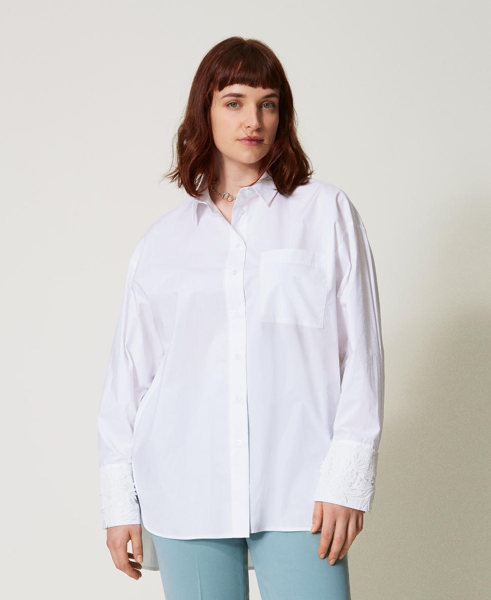 Chemise oversize en popeline avec dentelle Blanc Femme 251TP2280_00001_01