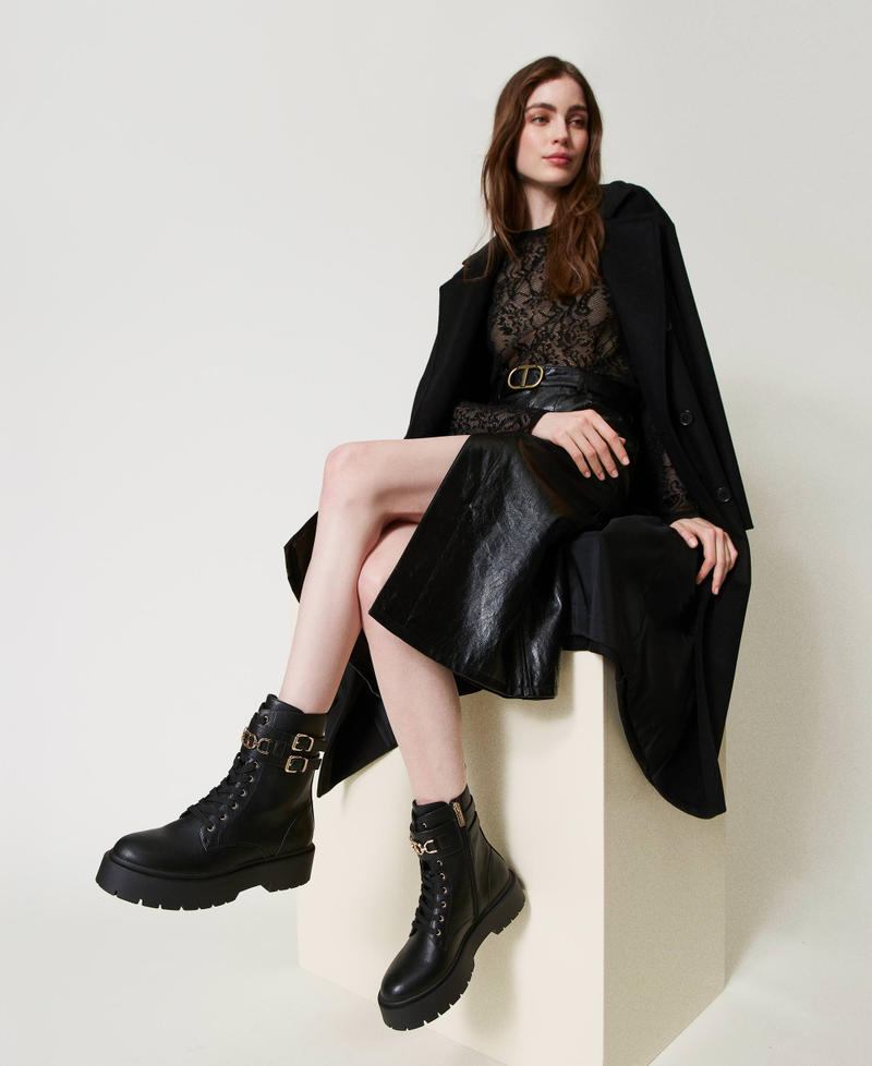 Combat boots with buckles and Oval T clasp Black Woman 242TCP062_00006_0S