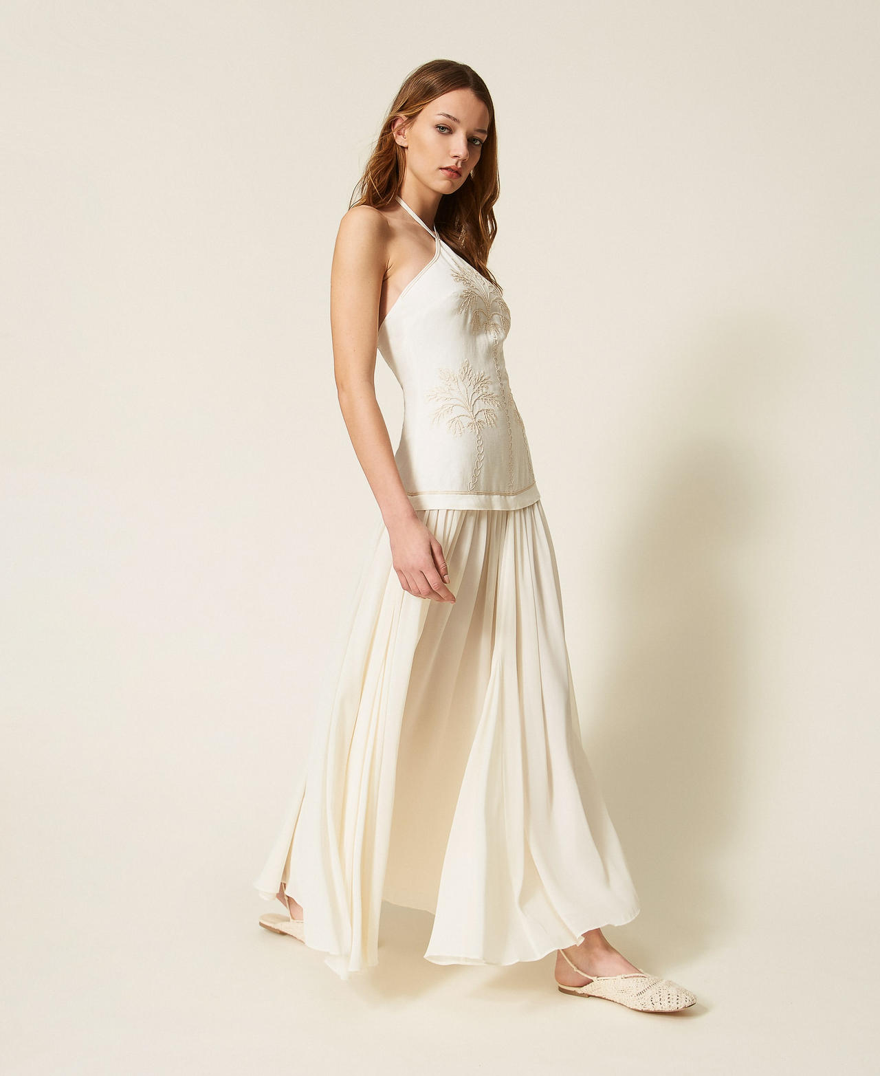 Abito lungo in misto lino e georgette Bicolor Bianco "Vaniglia" / Fog Donna 261LM2MDD_13584_02