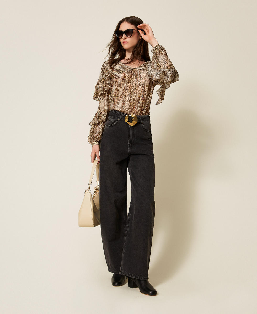 Blouse en cr&eacute;pon animalier Imprim&eacute; Animalier Marron Rayure Lurex Femme 252TT2352_12895_T0