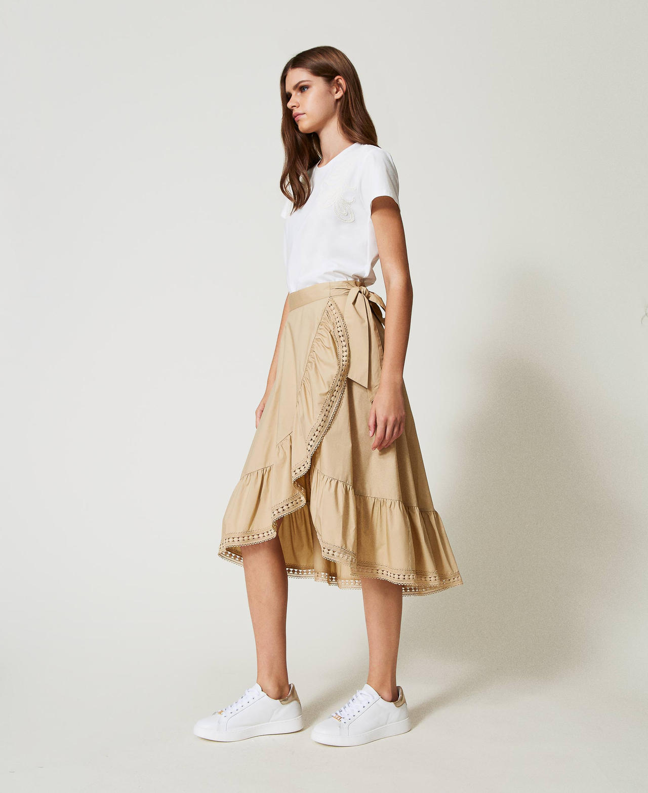 Asymmetric poplin midi skirt Natural Beige Woman 251LB2KDD_12129_01