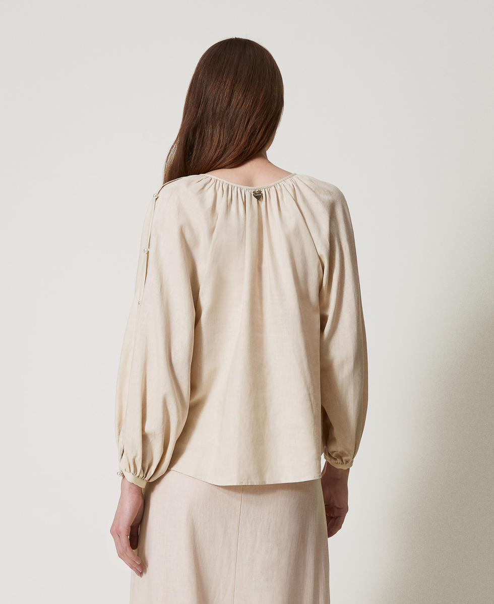 Linen-blend blouse with pearls Almond Beige Woman 251LM2QFF_12363_03