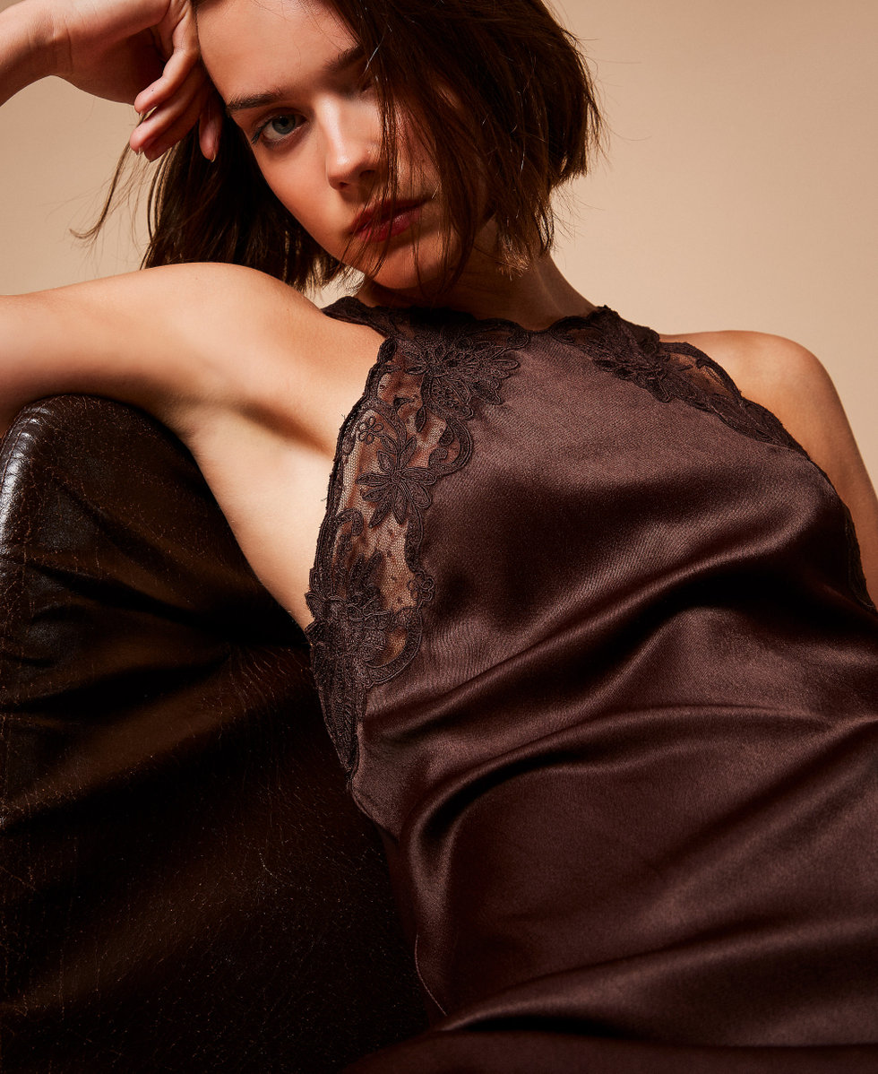 Abito lungo halter in raso con ricamo Black Chocolate Donna 252TT2240_11054_04