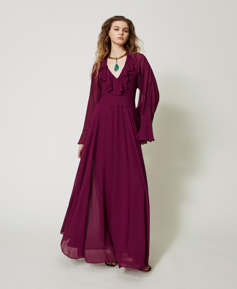 'Capri' long dress in georgette with ruffles “Red Plum” Purple Woman 251TS2070_05245_01