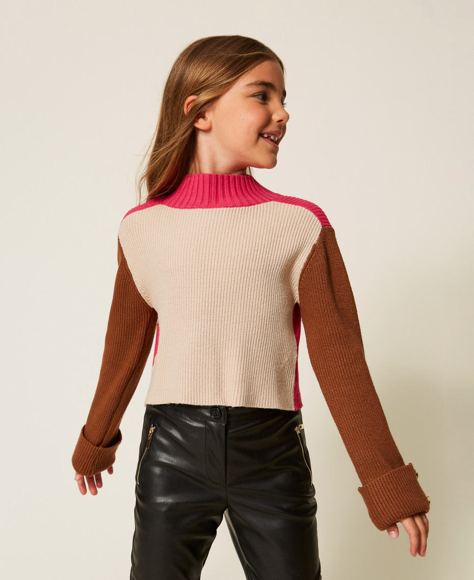 Colour block turtleneck jumper Multicolour Biscuit Beige/Camel/Candy Rose Girl 252GJ3060_12734_01