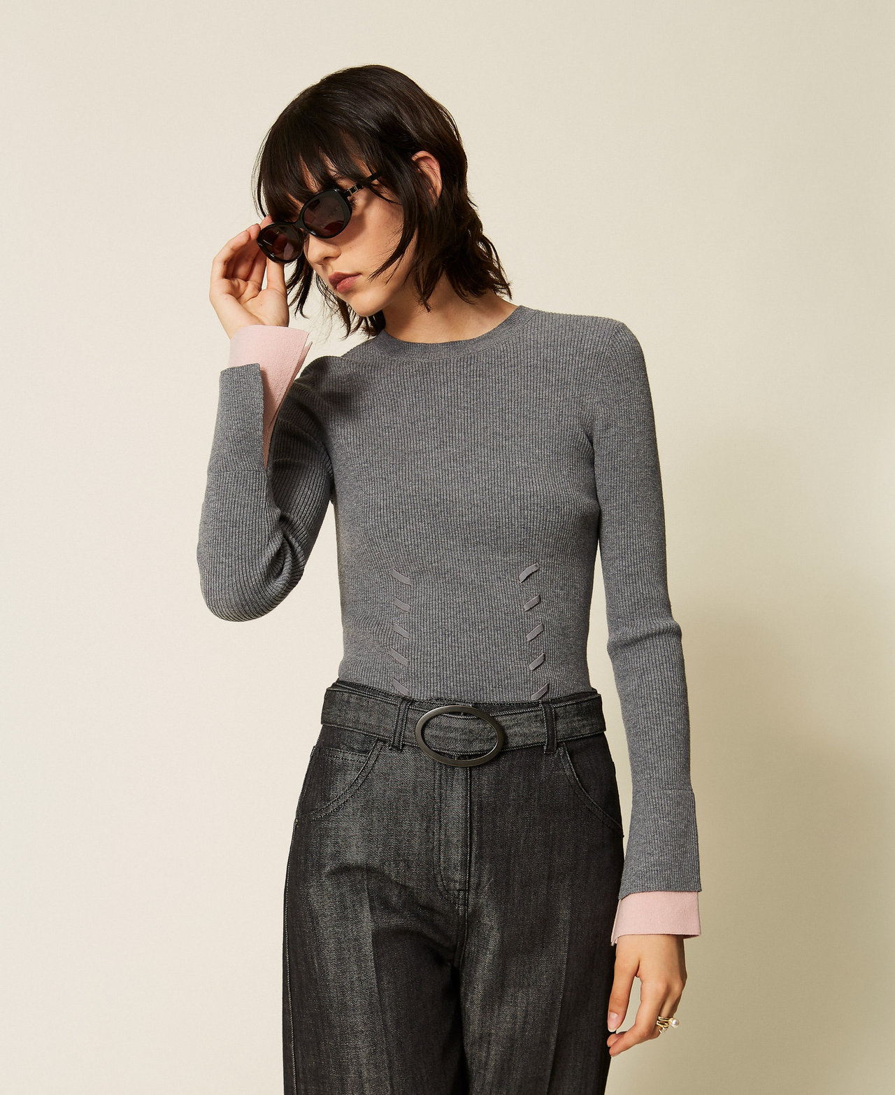 Turtleneck jumper with contrasting details Two-tone Mid Grey Melange/Rose Smoke Woman 262AP3251_13757_01