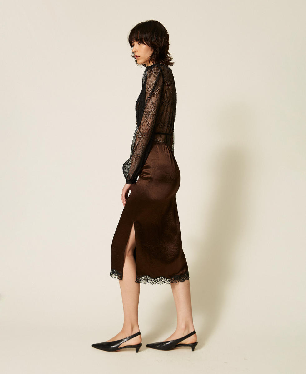 Falda midi de raso froiss&eacute; y encaje Bicolor Darkness Brown / Negro Mujer 262TP2111_13853_02