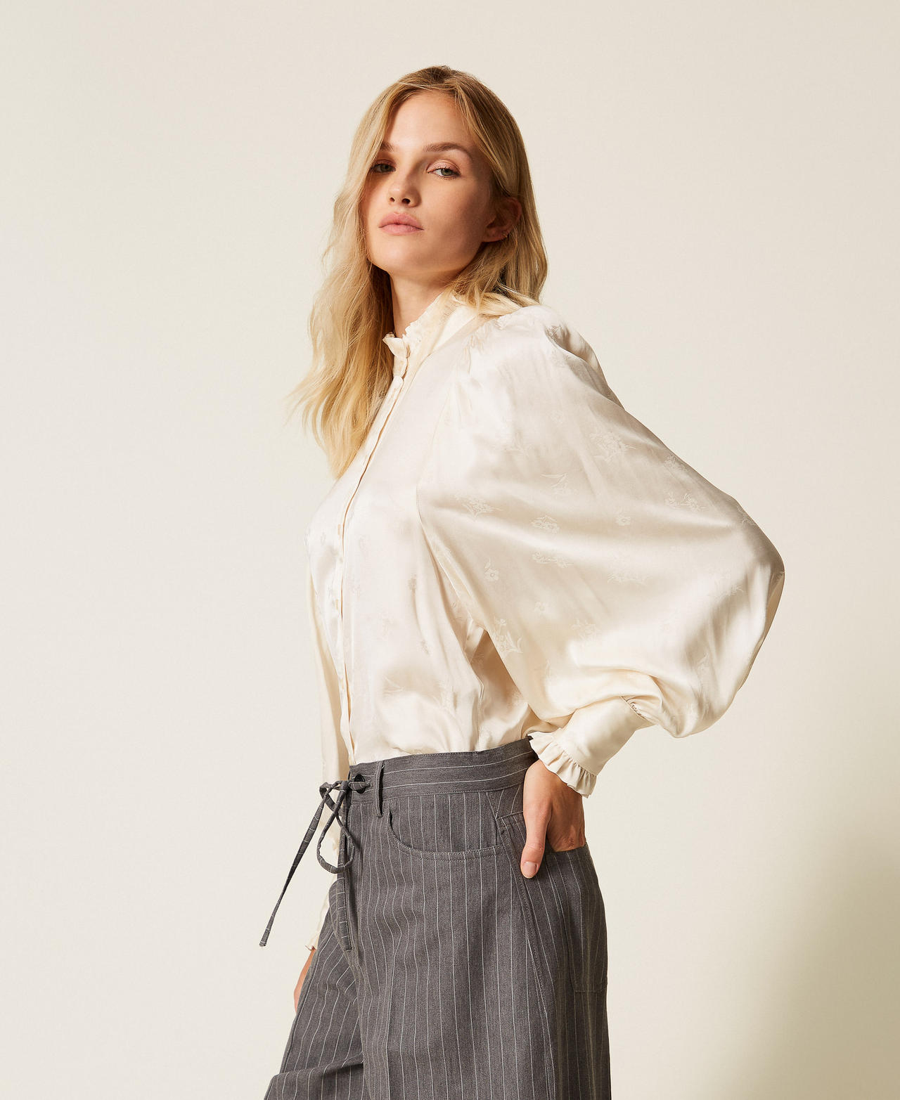 Jacquard satin shirt with ruffles Mother Of Pearl Woman 252TT2362_00059_02