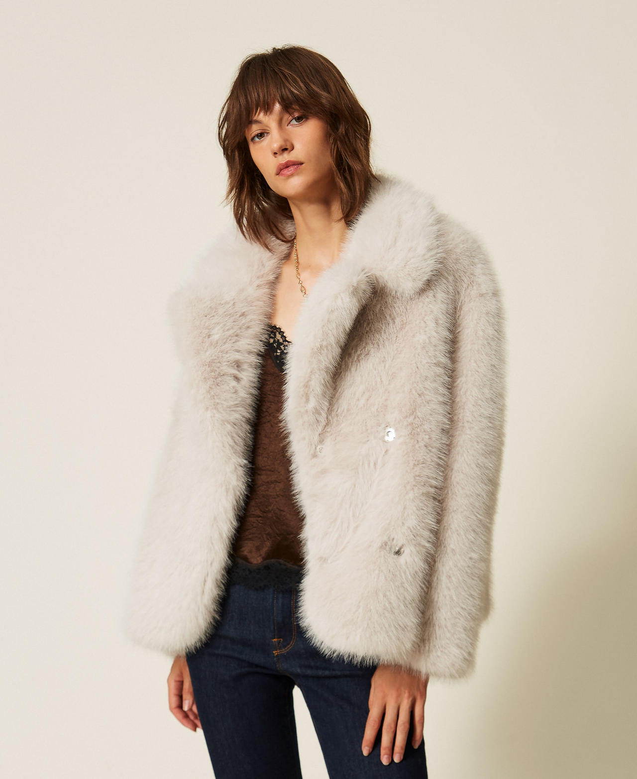 Short faux fur coat Soft Grey Woman 262AP2130_05710_01