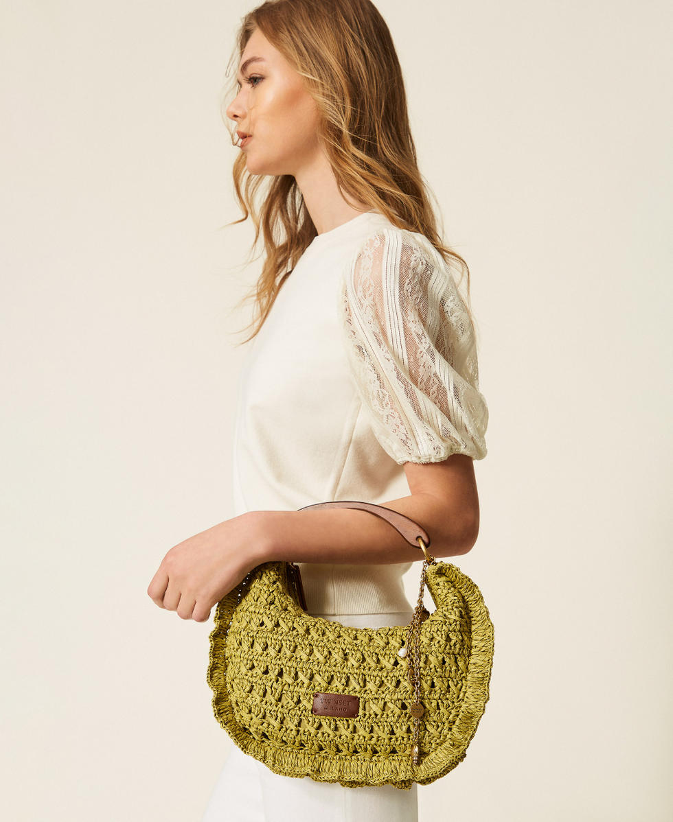 Crochet raffia Croissant bag Woman, Green | TWINSET Milano