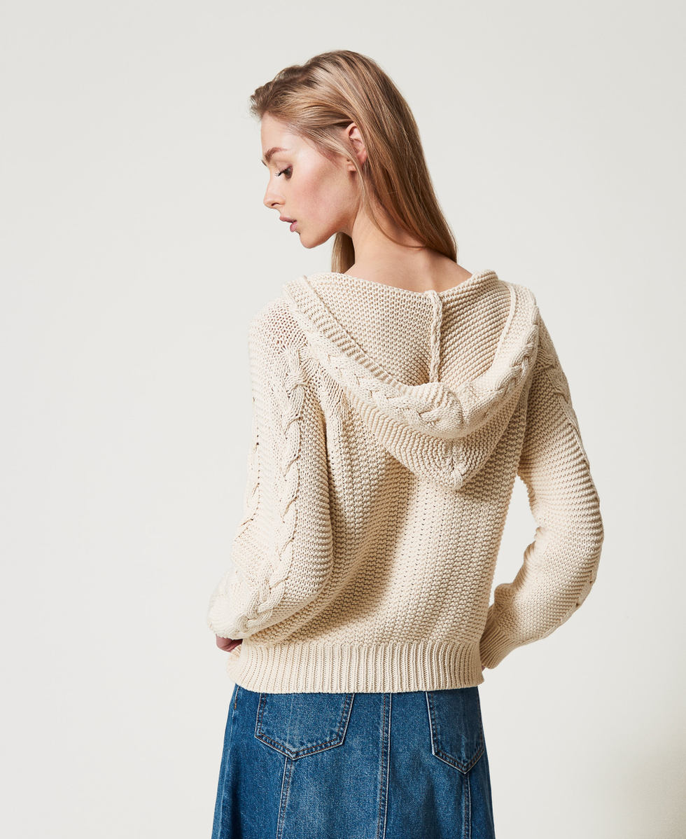 Cable knit hooded jumper Delicate Beige Woman 251TP3460_12140_03