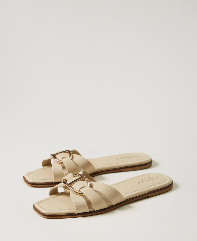 Leather slides with Oval T Pale "Ginger Root” Beige Woman 251TGT090_11640_02