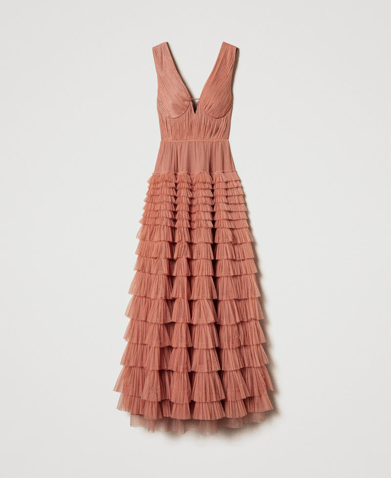 Long pleated tulle dress Dusty Coral Woman 251TQ2043_12364_S0