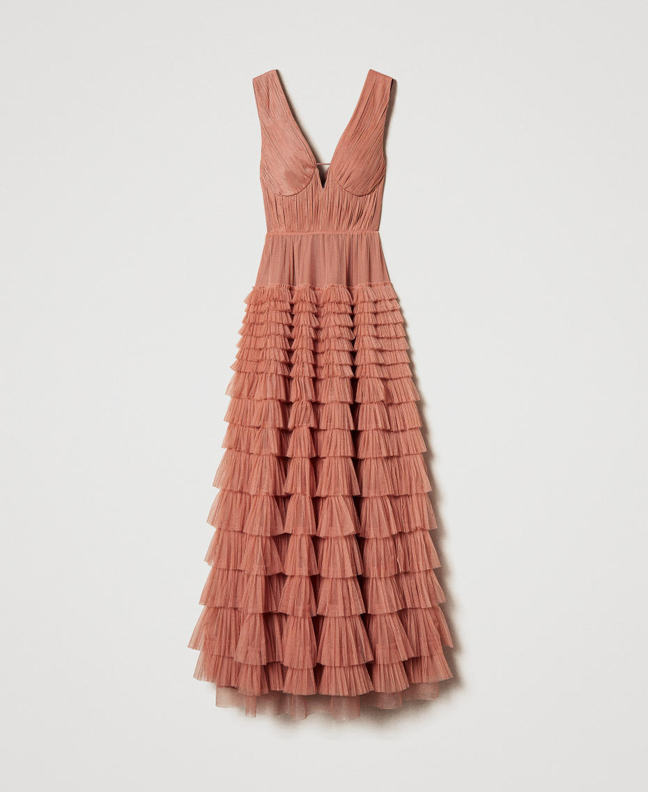 Long pleated tulle dress Dusty Coral Woman 251TQ2043_12364_S0
