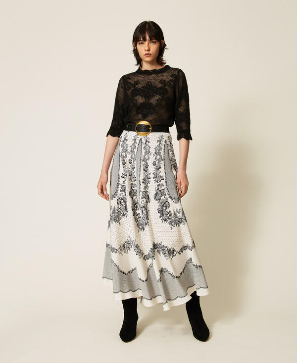 Jupe longue en satin jacquard floral avec pois