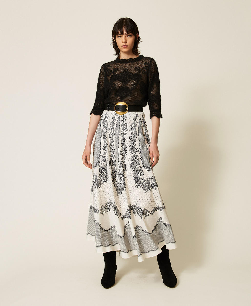 Jacquard satin long skirt with floral and polka dot pattern Black/Mother of Pearl Lace And Flowers Print Woman 262TP267E_13947_01